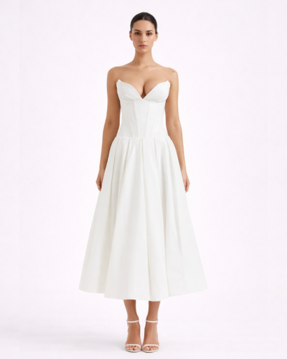 Robe bustier midi évasée avec décolleté structuré et taille cintrée