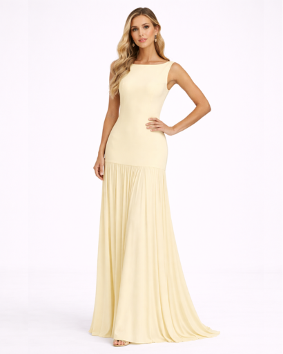 Robe longue ajustée sans manches avec jupe plissée fluide