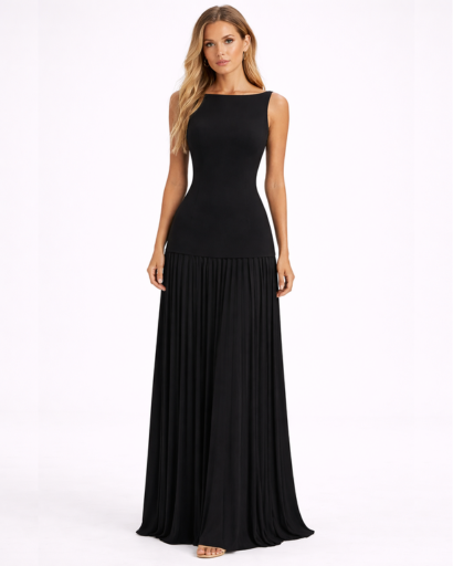 Robe longue ajustée sans manches avec jupe plissée fluide