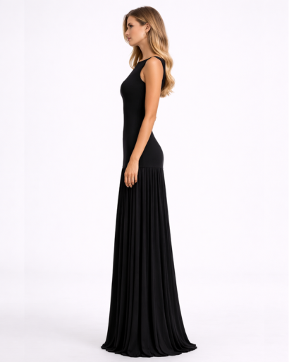 Robe longue ajustée sans manches avec jupe plissée fluide