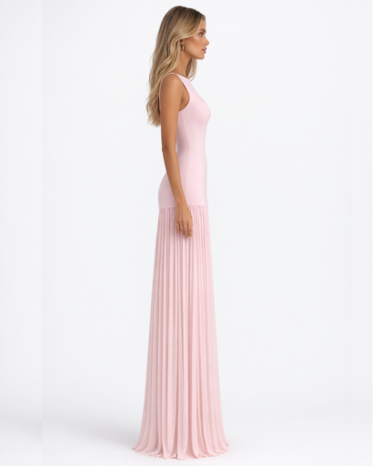 Robe longue ajustée sans manches avec jupe plissée fluide