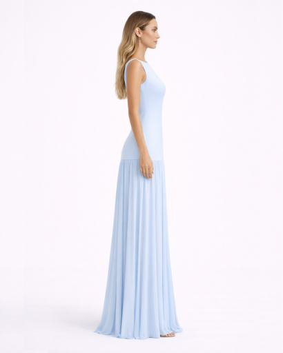 Robe longue ajustée sans manches avec jupe plissée fluide