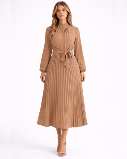 Robe midi plissée à manches longues avec col montant et ceinture