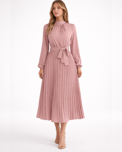 Robe midi plissée à manches longues avec col montant et ceinture