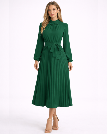 Robe midi plissée à manches longues avec col montant et ceinture