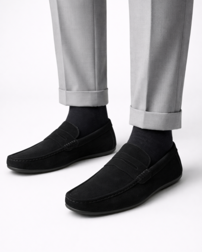 Mocassins homme en daim à enfiler avec couture apparente