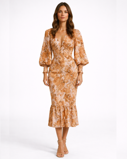 Robe midi fleurie à manches longues avec décolleté en V et volant