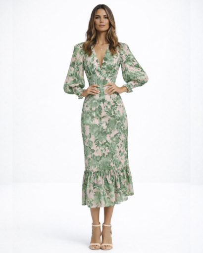 Robe midi fleurie à manches longues avec décolleté en V et volant