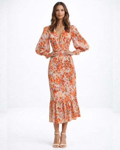 Robe midi fleurie à manches longues avec décolleté en V et volant