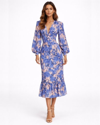 Robe midi fleurie à manches longues avec décolleté en V et volant