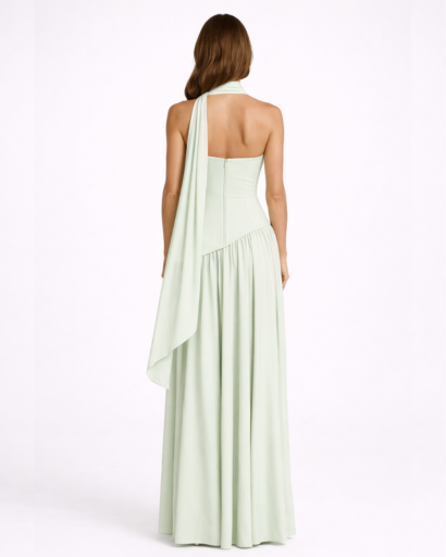Robe longue asymétrique bandeau avec fente et tour de cou drapé