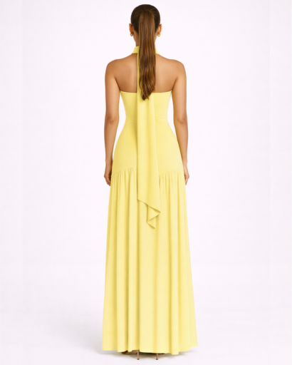 Robe longue asymétrique bandeau avec fente et tour de cou drapé