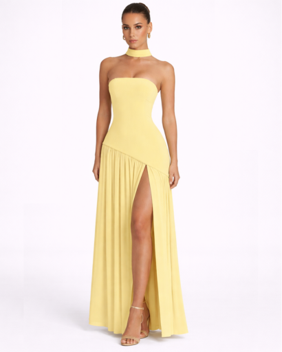Robe longue asymétrique bandeau avec fente et tour de cou drapé