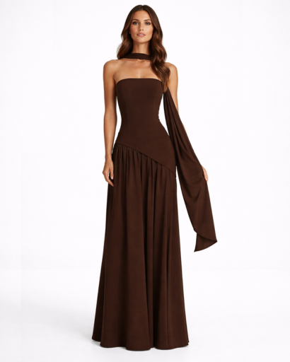 Robe longue asymétrique bandeau avec fente et tour de cou drapé