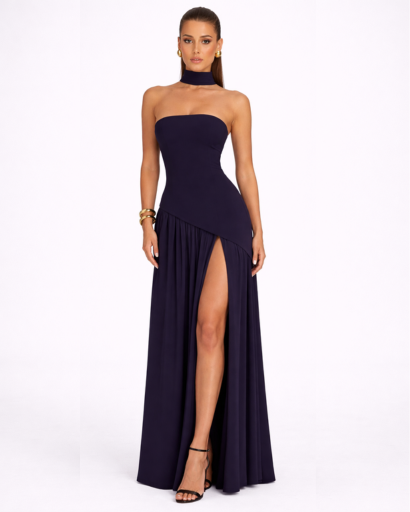 Robe longue asymétrique bandeau avec fente et tour de cou drapé