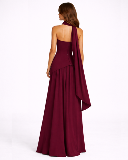 Robe longue asymétrique bandeau avec fente et tour de cou drapé