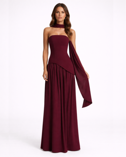 Robe longue asymétrique bandeau avec fente et tour de cou drapé
