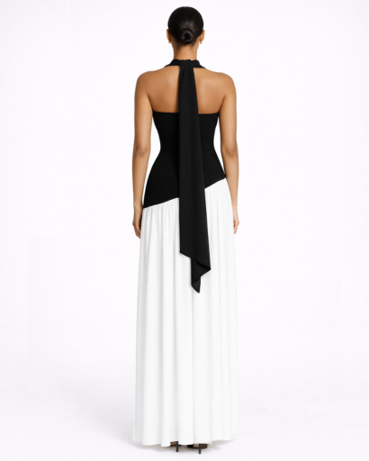 Robe longue asymétrique bandeau avec fente et tour de cou drapé