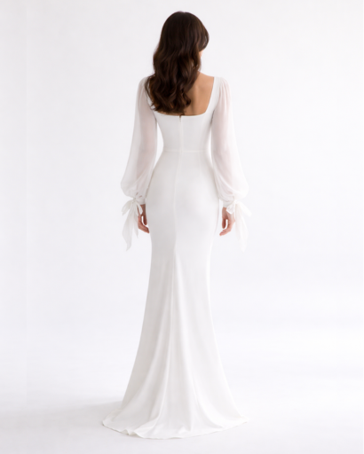 Robe longue moulante avec encolure carrée et manches transparentes