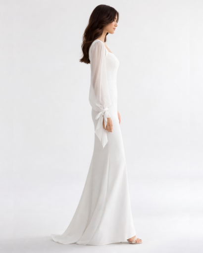 Robe longue moulante avec encolure carrée et manches transparentes
