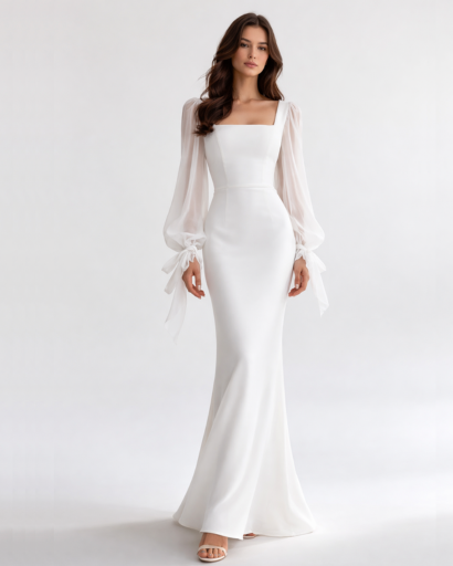 Robe longue moulante avec encolure carrée et manches transparentes