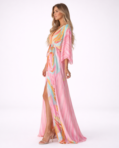 Robe longue fluide imprimée avec décolleté et manches larges
