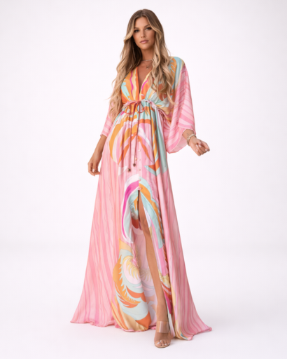 Robe longue fluide imprimée avec décolleté et manches larges