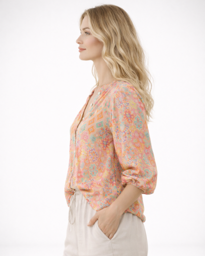 Blouse femme fluide col tunisien imprimé manches 3/4