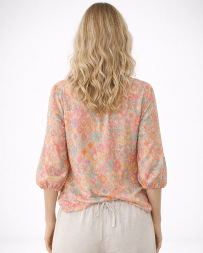 Blouse femme fluide col tunisien imprimé manches 3/4
