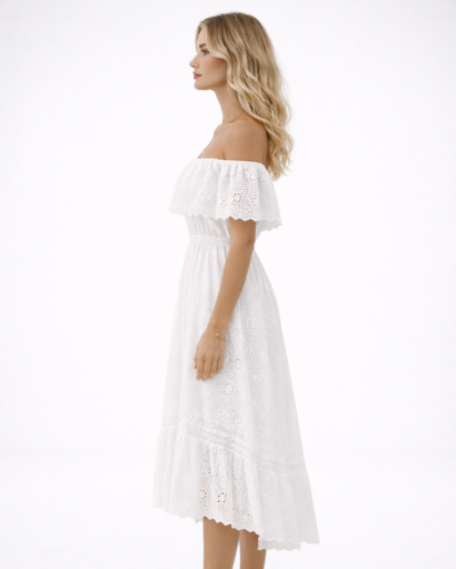 Vestito midi da donna Bardot in pizzo svasato con volant