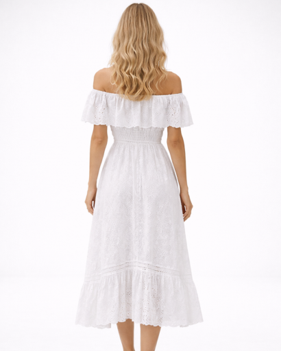 Vestito midi da donna Bardot in pizzo svasato con volant