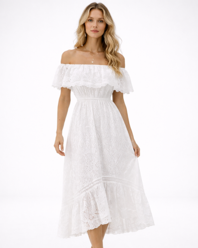 Vestito midi da donna Bardot in pizzo svasato con volant