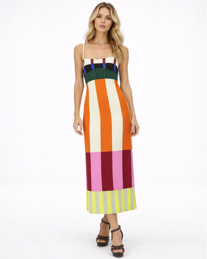 Robe midi femme à bretelles coupe droite imprimé graphique rayures
