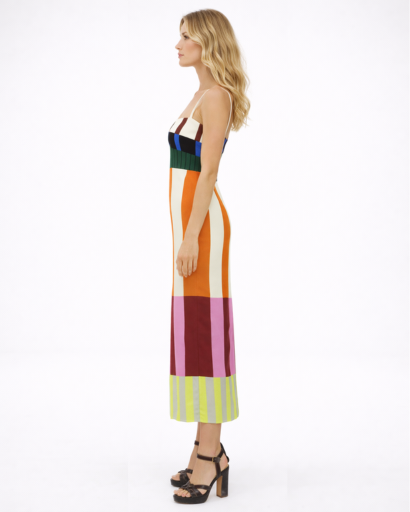 Robe midi femme à bretelles coupe droite imprimé graphique rayures