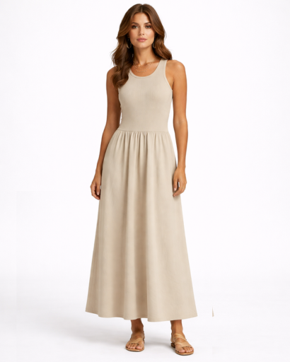 Robe longue femme sans manches coupe évasée col rond