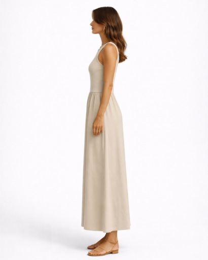 Robe longue femme sans manches coupe évasée col rond