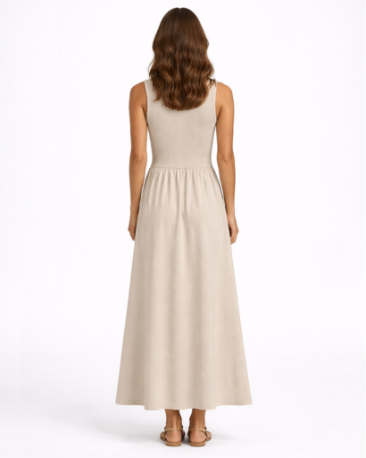 Robe longue femme sans manches coupe évasée col rond