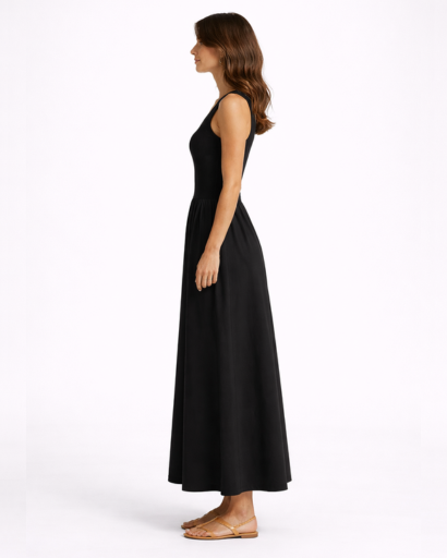Robe longue femme sans manches coupe évasée col rond