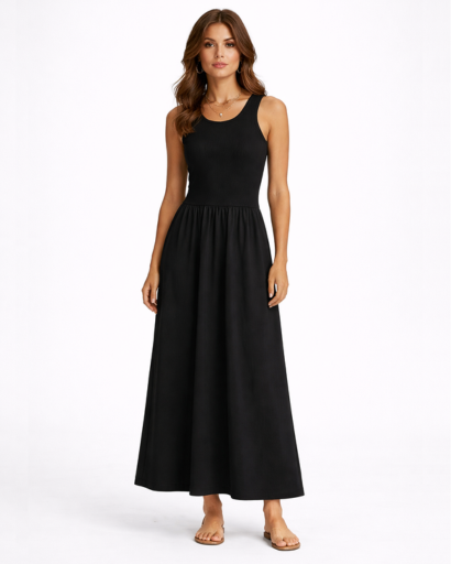 Robe longue femme sans manches coupe évasée col rond