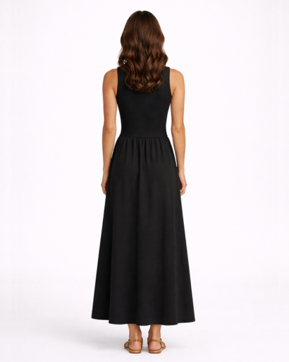 Robe longue femme sans manches coupe évasée col rond