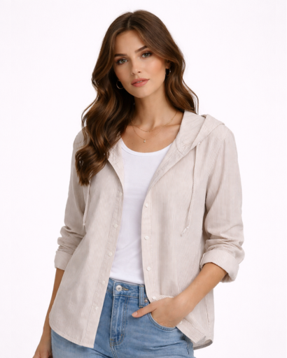 Chemise femme à capuche rayures fines coupe décontractée boutonnée