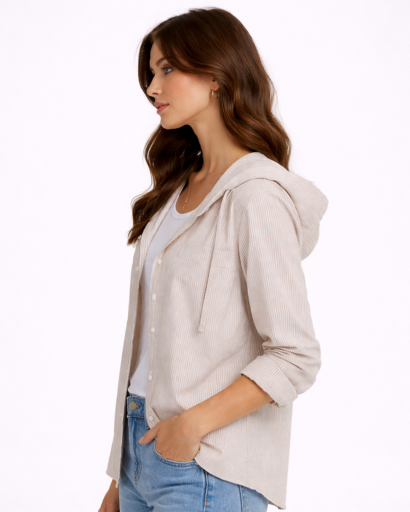 Chemise femme à capuche rayures fines coupe décontractée boutonnée