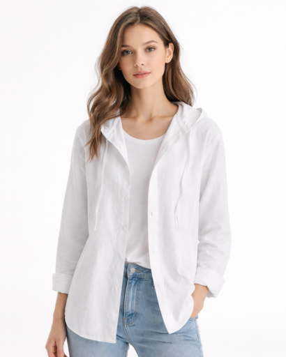 Chemise femme à capuche rayures fines coupe décontractée boutonnée