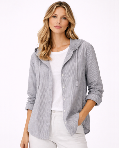 Chemise femme à capuche rayures fines coupe décontractée boutonnée