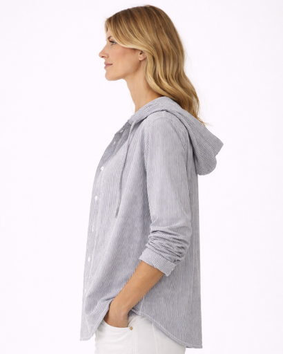Chemise femme à capuche rayures fines coupe décontractée boutonnée