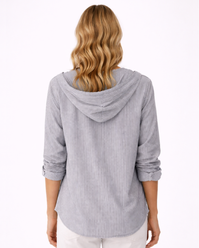 Chemise femme à capuche rayures fines coupe décontractée boutonnée