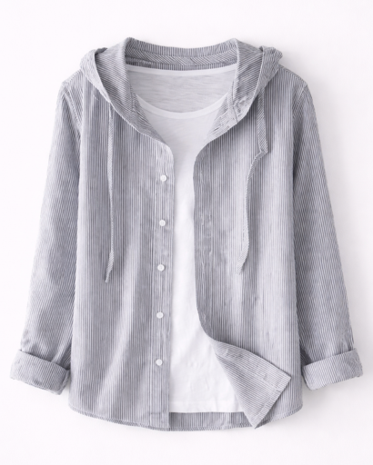 Chemise femme à capuche rayures fines coupe décontractée boutonnée