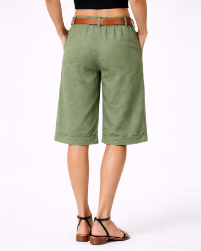 Short bermuda femme taille haute coupe droite avec ceinture