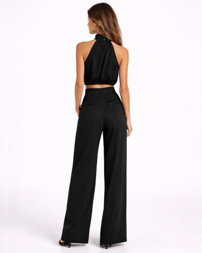Completo donna top drappeggiato collo alto e pantaloni larghi a vita alta