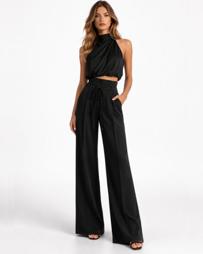 Completo donna top drappeggiato collo alto e pantaloni larghi a vita alta